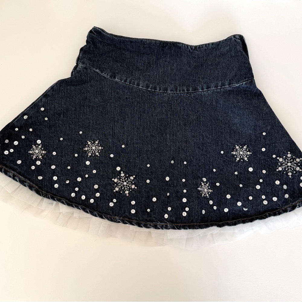 Denim Skirt with Snowflake Embellishments
